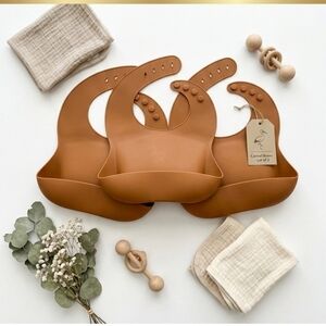 Carmel Brown Silicone Baby Bibs Lot of 3